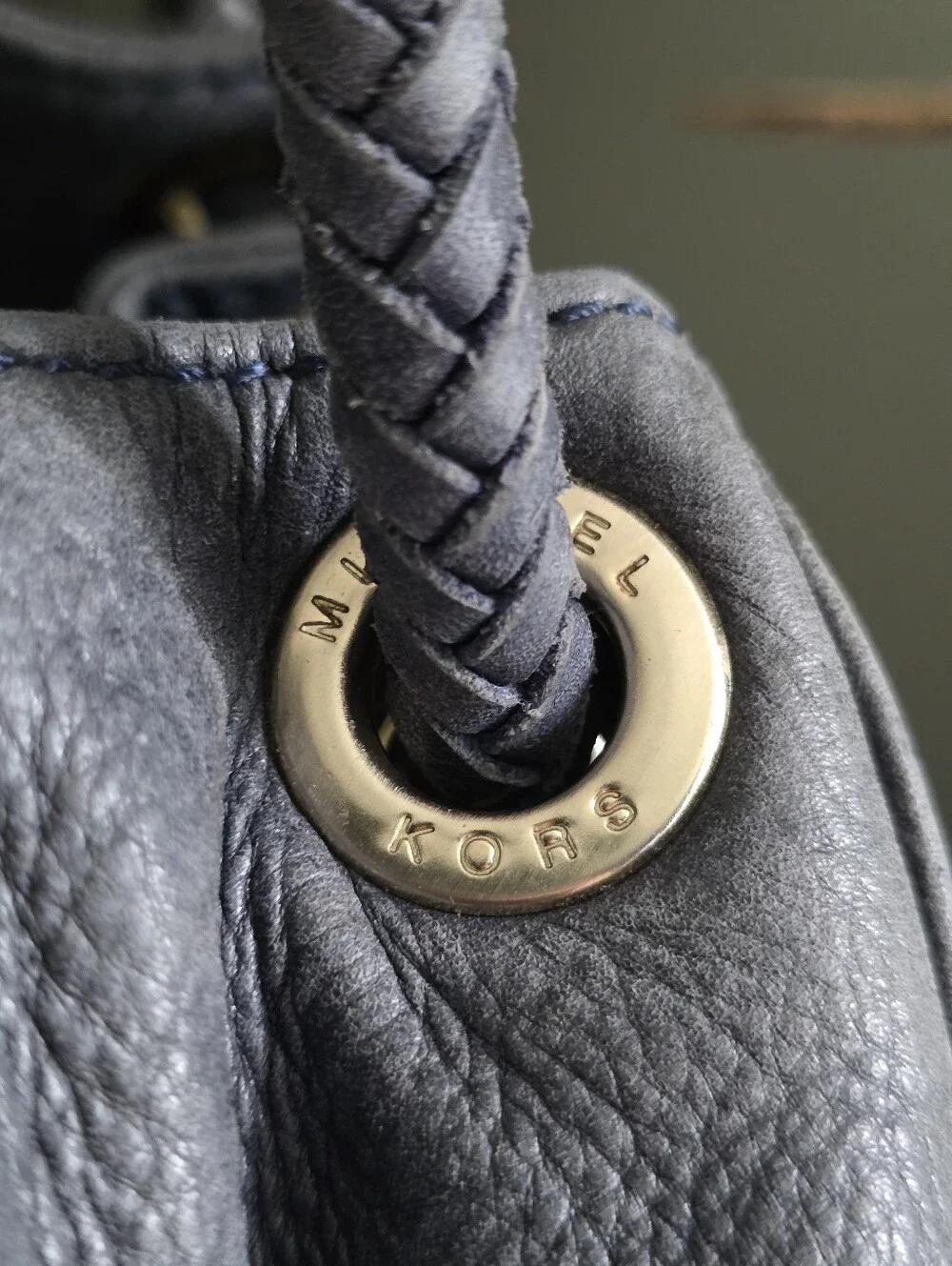 Michael Kors Braided Handle Hobo Bag Slate Blue Navy Pebbled Leather Tassel